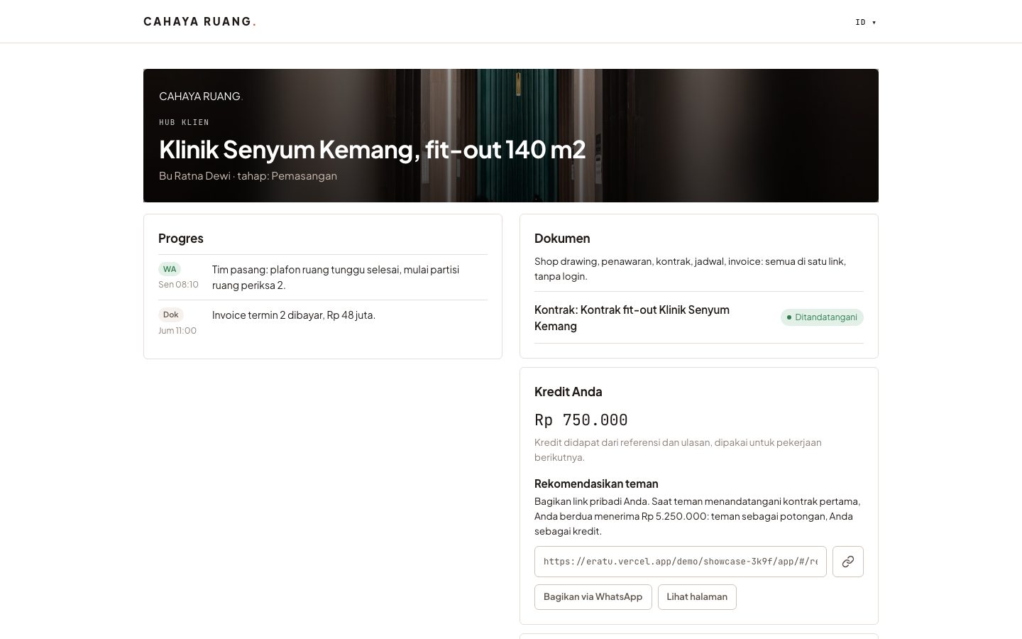 Hub klien: progres, dokumen, kredit, dan referensi tanpa login